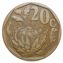 Alternative view of Aluminium-Brass 20 Cents of South Africa (AD 1993) with Protea flower within sprigs