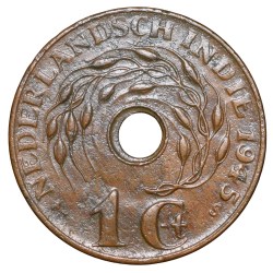Alternative view of Bronze 1 Cent of Indonesia - Nederland East India (AD 1945) with Lotus Flower Ring Type Rare