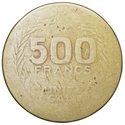 Alternative view of Brass 500 Francs of Djibouti (AD 1989) with Coat of Arms of Djibouti