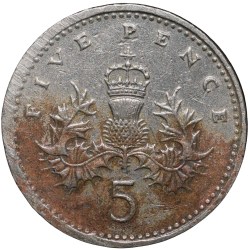Alternative view of Nickel 5 Pence of Elizabeth II (AD 1990) from United Kingdom