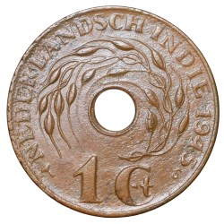 Alternative view of Bronze 1 Cent of Indonesia - Nederland East India (AD 1945) with Lotus Flower Ring Type Rare