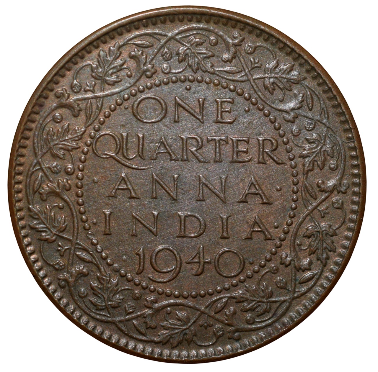 Bronze 1/4 Anna of George VI (AD1940) of Bombay Mint with Dot above 'N' Head Type II - Image 2