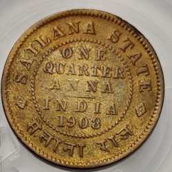 Alternative view of British India One Quarter Anna 1908 Sailana State Copper Coin High Grade RARE