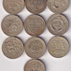 10 Different England One Pound Rare (10 Pcs) Coin Set #D-177