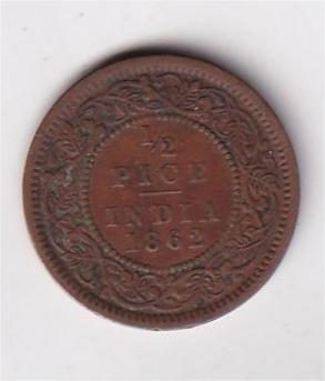 British India 1/2 Pice 1862 Victoria High Grade Coin #D-231