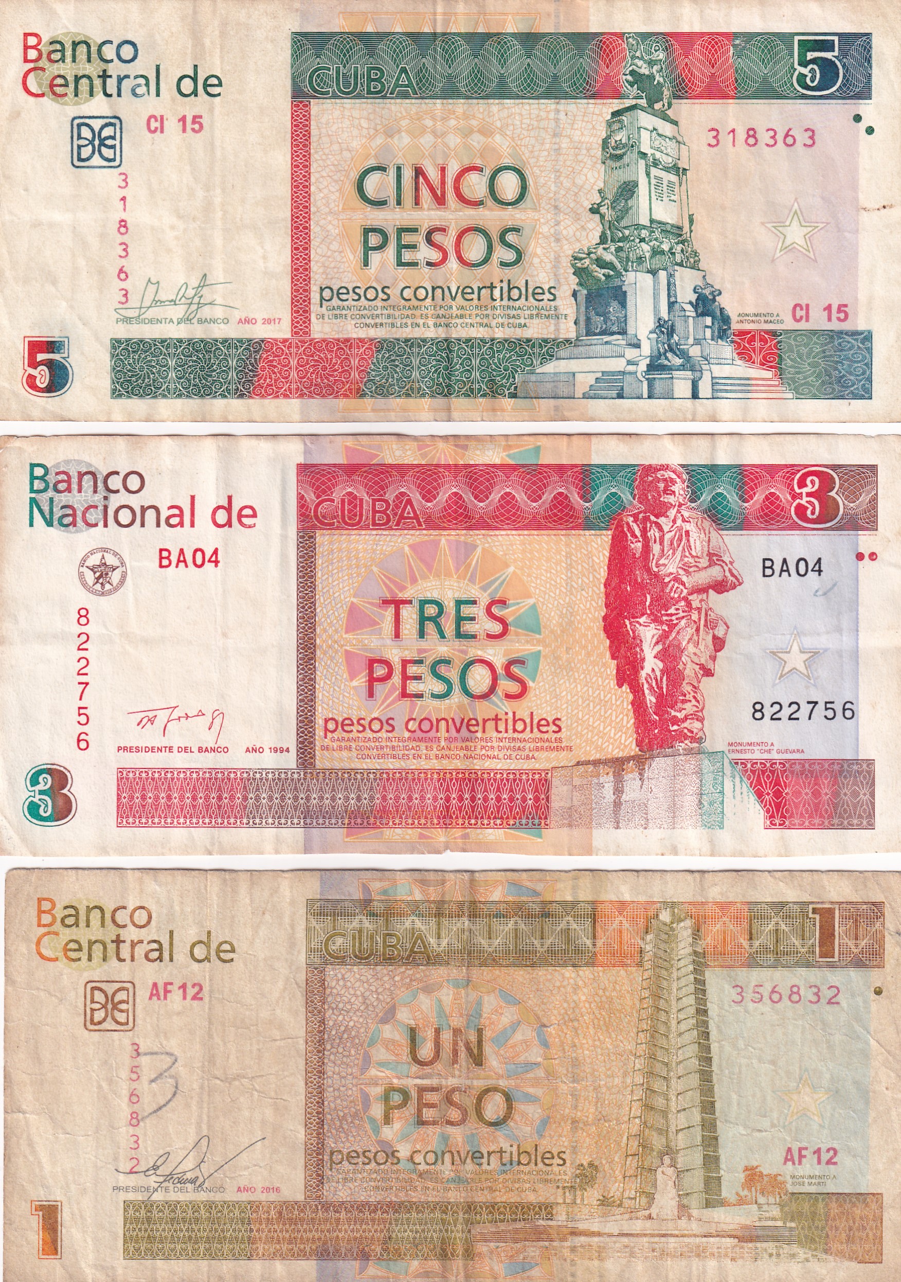 CUBA ALL DIFFERENT DENOMINATION RARE (3 NOTE SET)