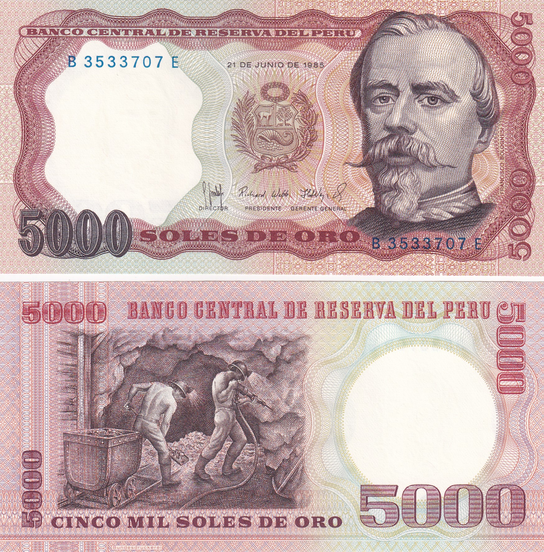 PERU 5000 SOLES RARE UNC NOTE #(Q)