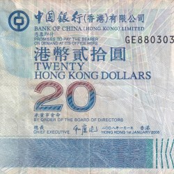 China › Hong Kong 20 Dollars Bank of China RARE NOTE