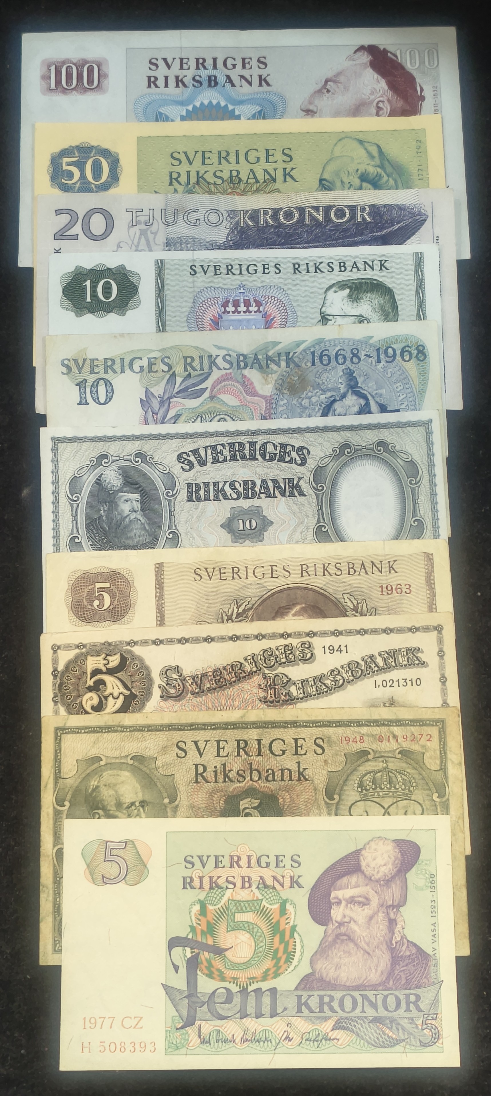 SWEDEN 10 DIFFERENT KRONOR OLD ISSUE RARE (10 NOTE SET)