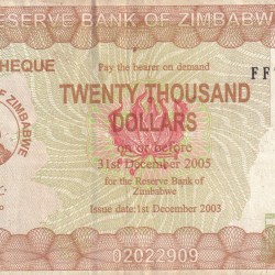 Zimbabwe 20 000 Dollars Emergency Bearer Cheque Note