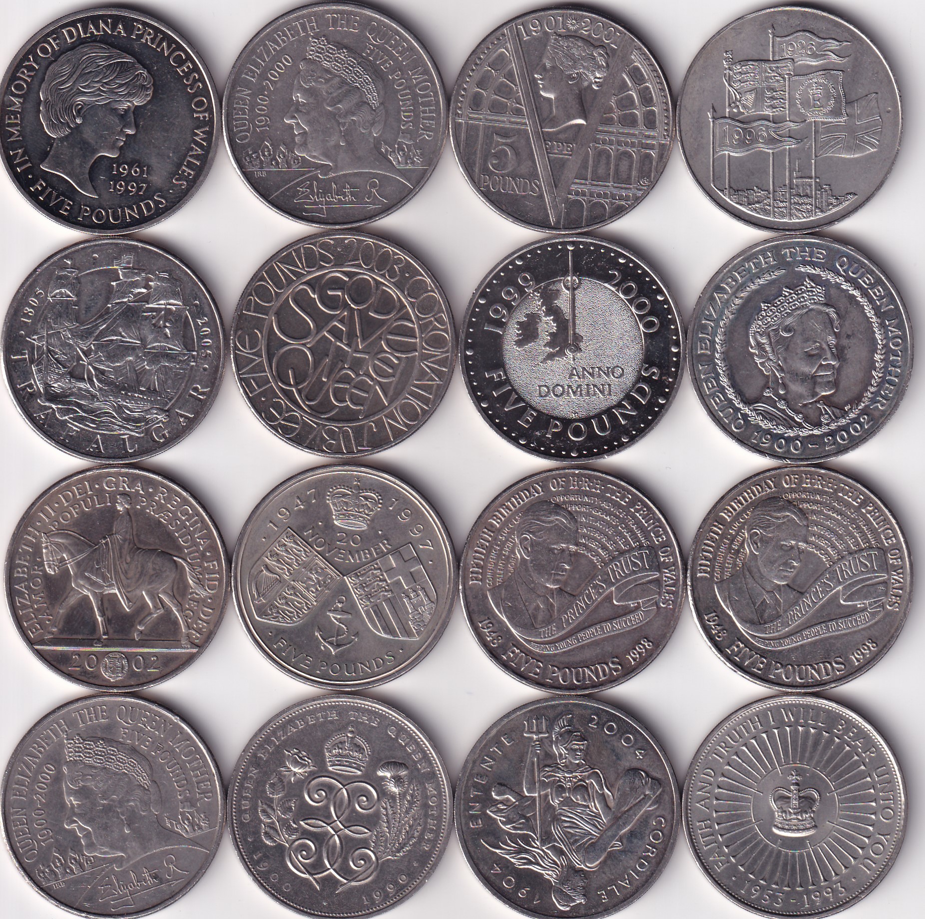 ENGLAND 5 POUND ALL DIFFERENT COMMEMORATIVE RARE UNC BIG (16 COIN SET)