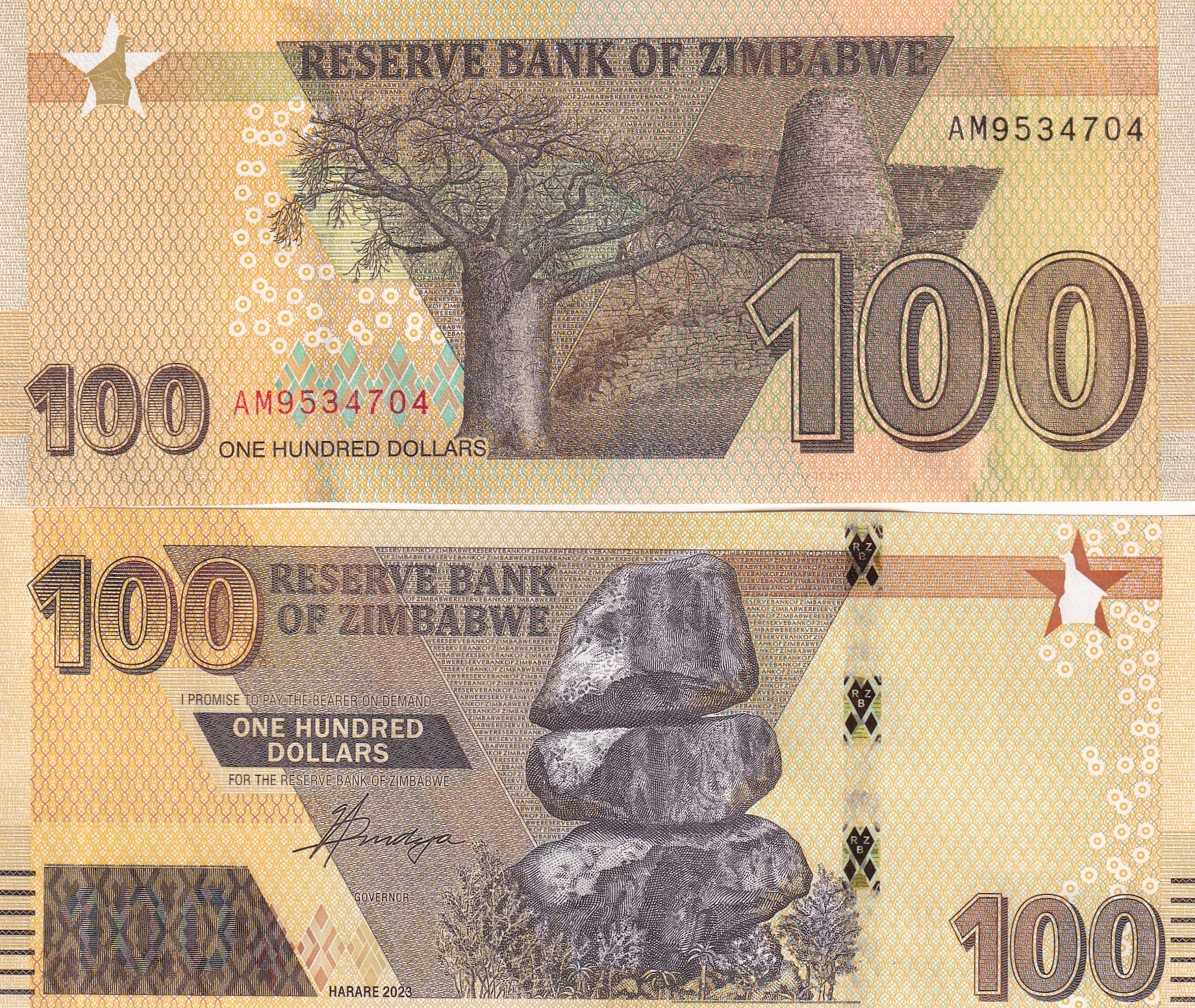 ZIMBABWE 100 DOLLAR GEM UNC RARE NOTE