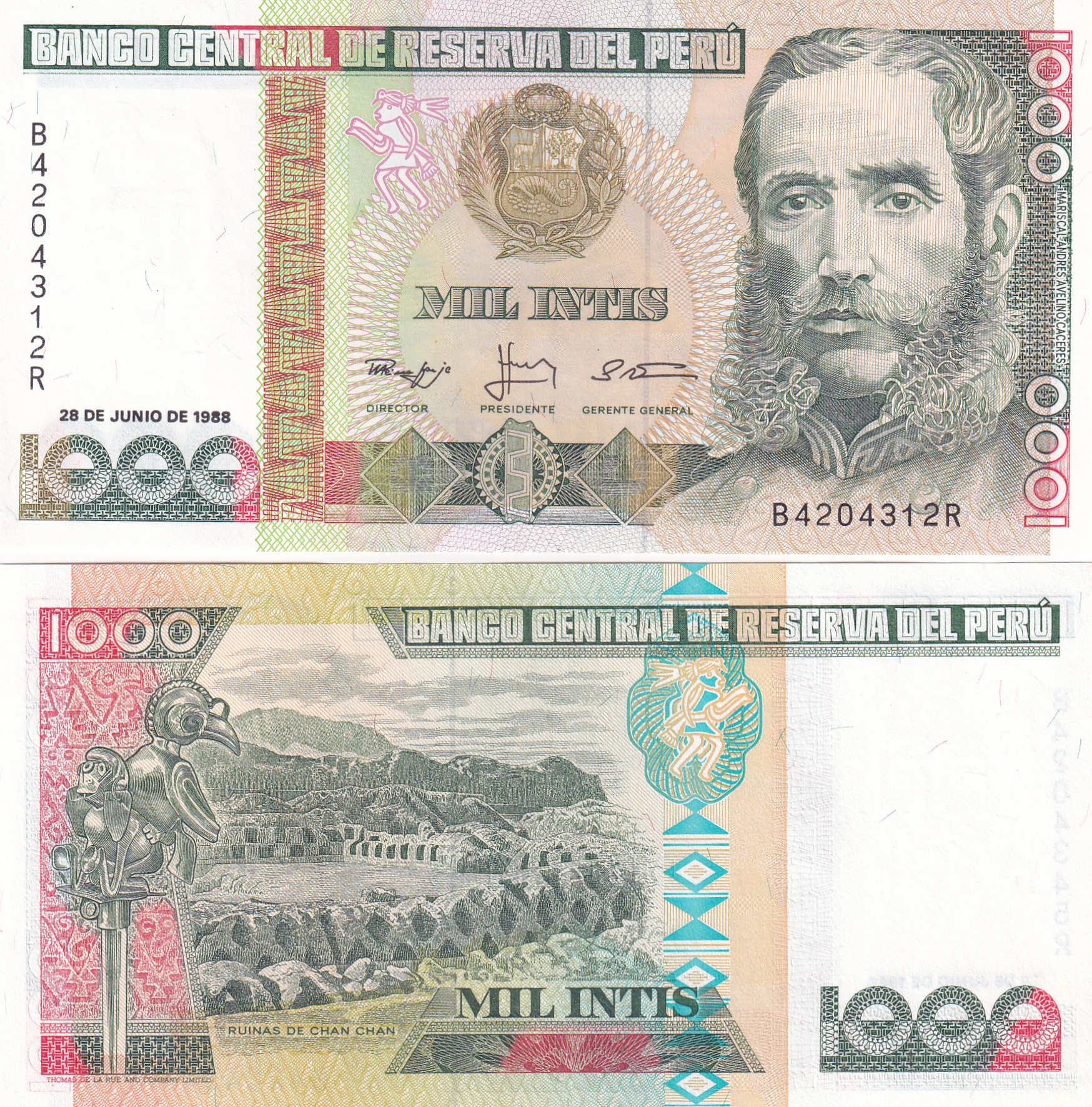 PERU 1000 INTIS GEM UNC RARE NOTE
