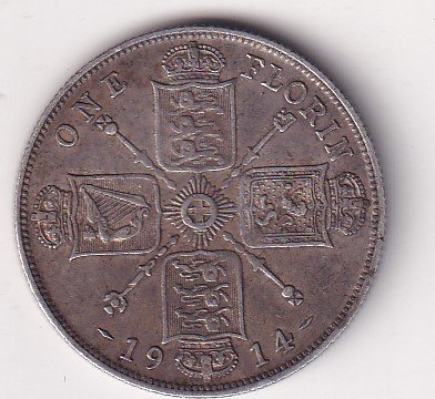 United Kingdom 1 Florin 1914 - George V 1st issue Rare Silver coin