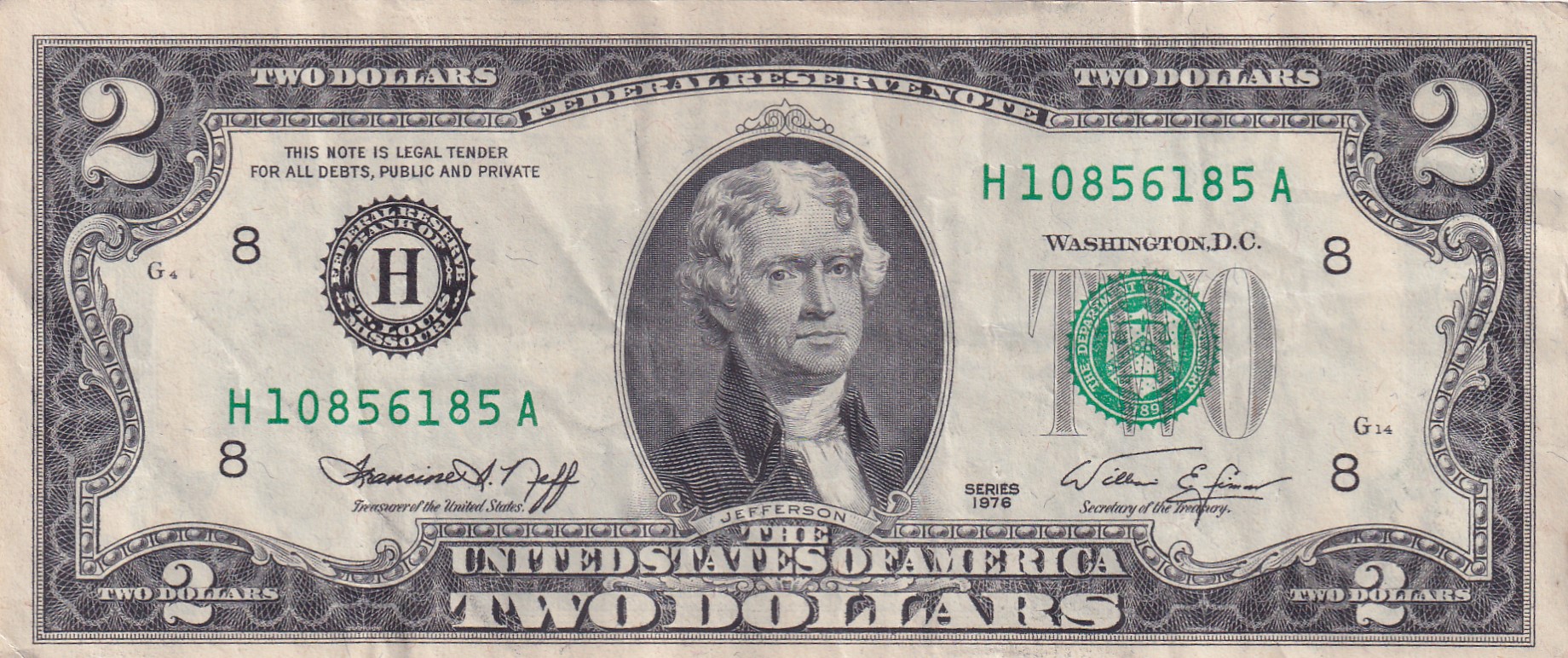 United States 2 Dollars (H) Logo Federal Reserve Note Extra Fine Condition Rare Note #B2