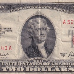 United States 2 Dollar (Red Seal right; no motto) Rare Note #B-2