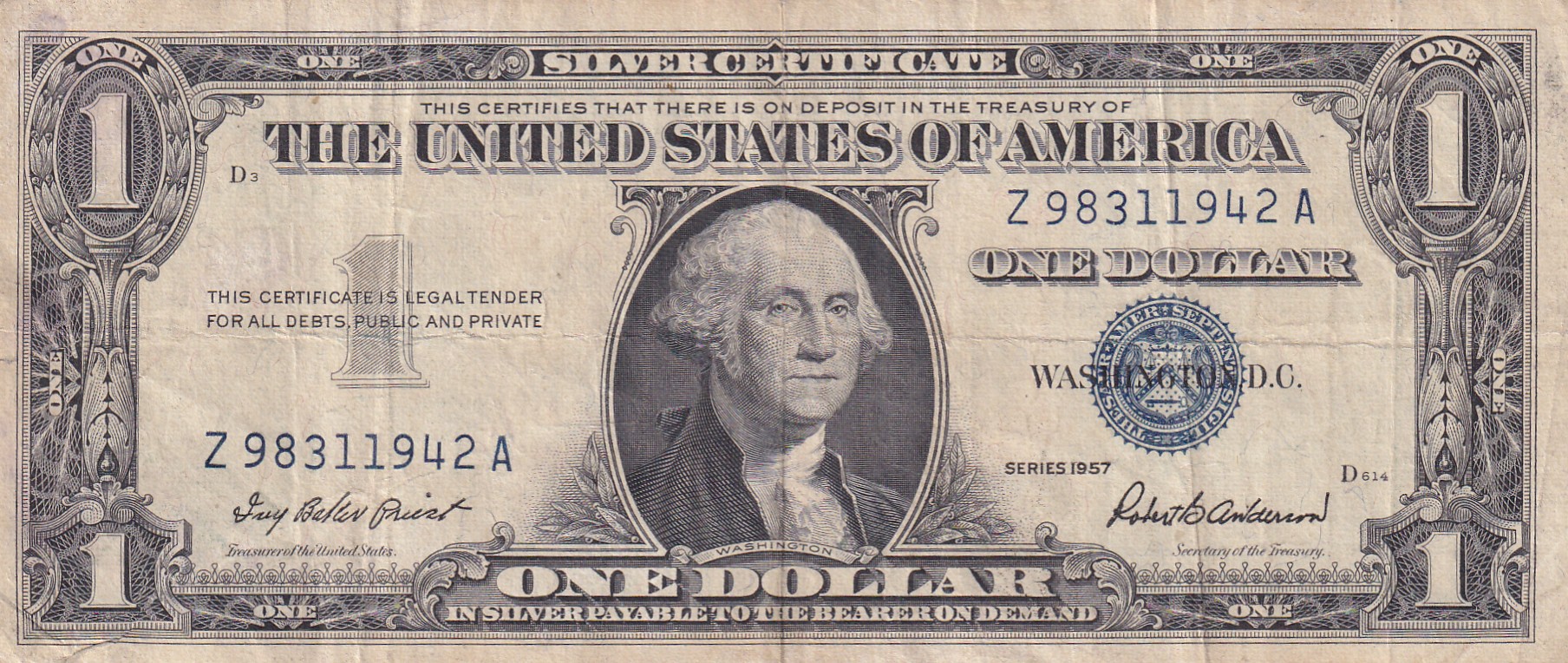 United States 1 Dollar (1957) Silver Certificate, Blue Seal Rare World Note #B2