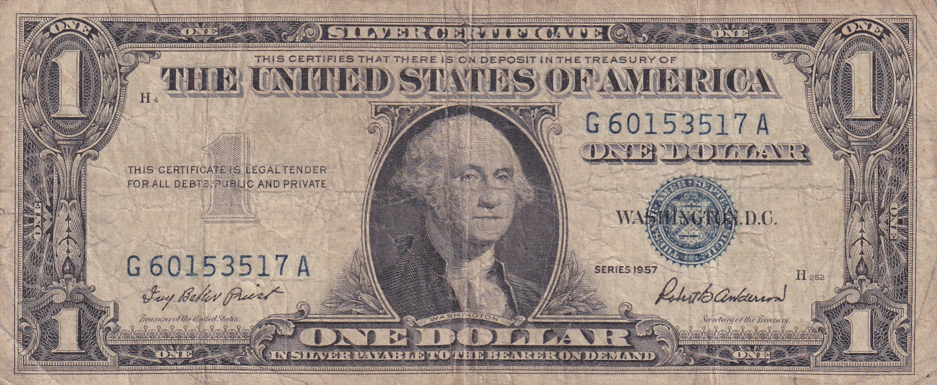 United States 1 Dollar (1957) Silver Certificate, Blue Seal Rare World Note #B2