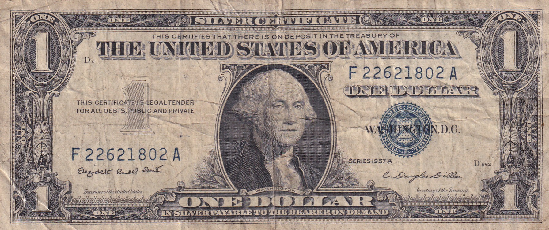 United States 1 Dollar (1957) Silver Certificate, Blue Seal Rare World Note #B2