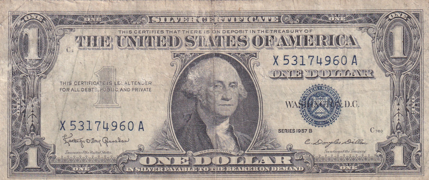 United States 1 Dollar (1957) Silver Certificate, Blue Seal Rare World Note #B2