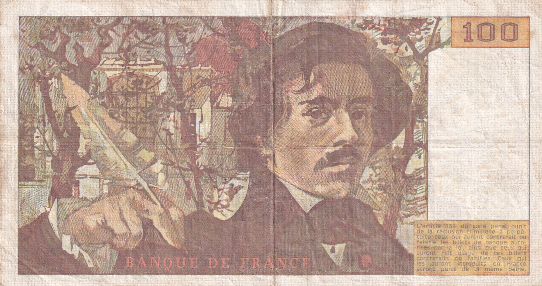 100 French Francs (Eugene Delacroix) Rare World Note#B2 - Image 2