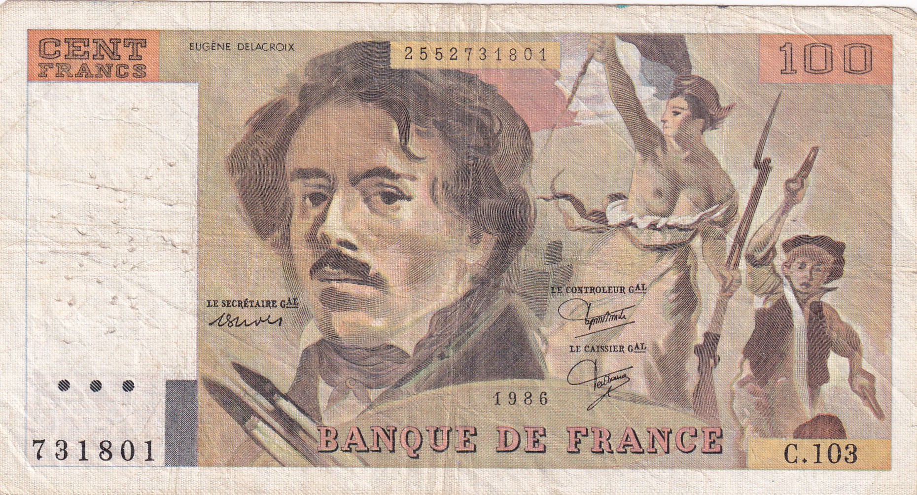100 French Francs (Eugene Delacroix) Rare World Note#B2