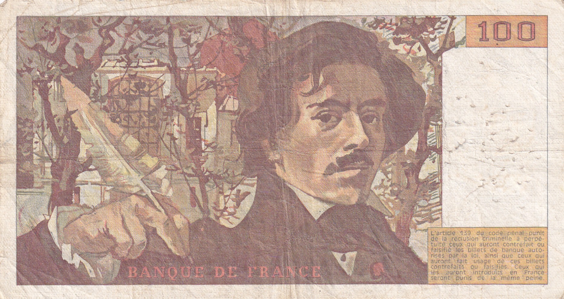 100 French Francs (Eugene Delacroix) Rare World Note#B2 - Image 2