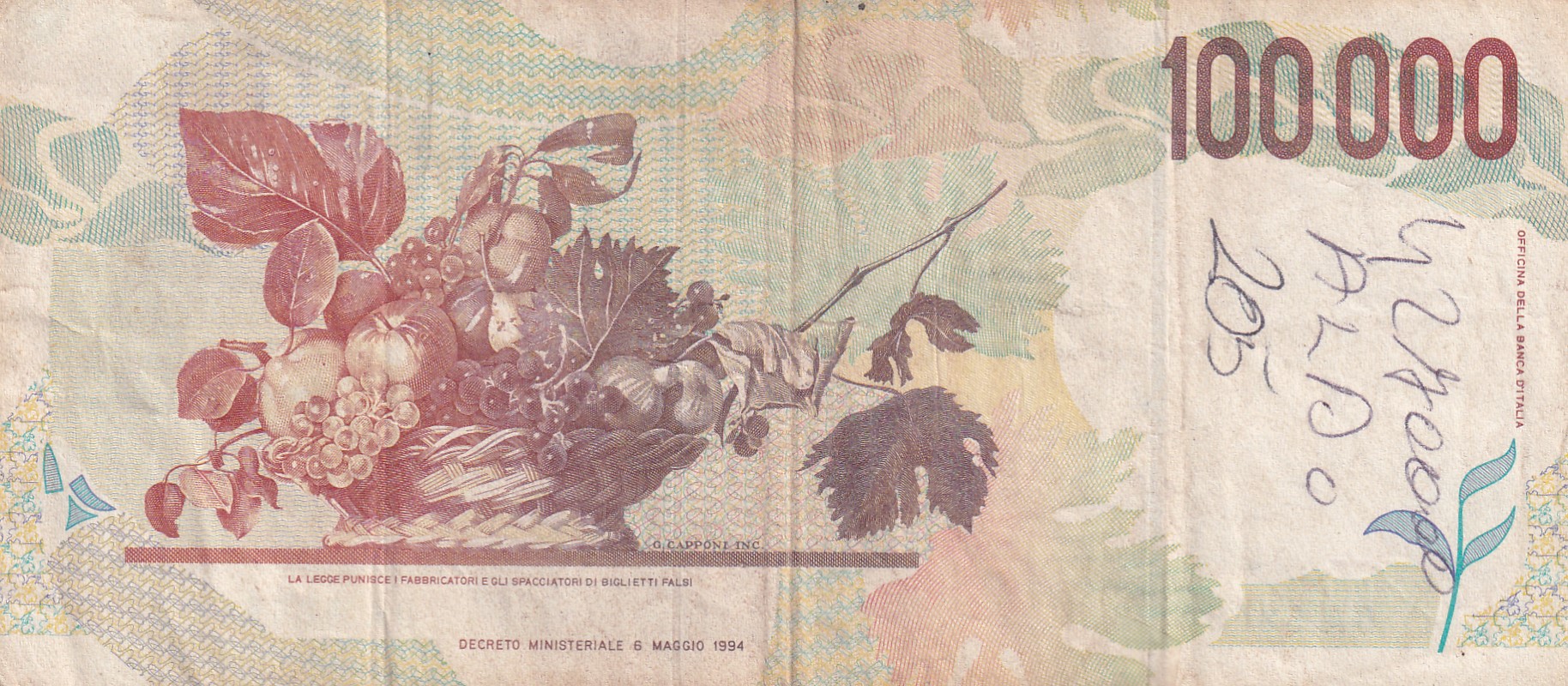 Italy 100 000 Lire Caravaggio - 2nd type Rare World Note #B2 - Image 2