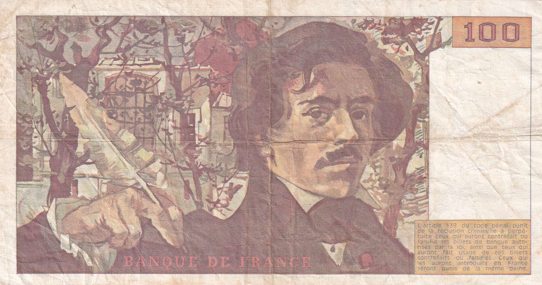 100 French Francs (Eugene Delacroix) Rare World Note#B2 - Image 2