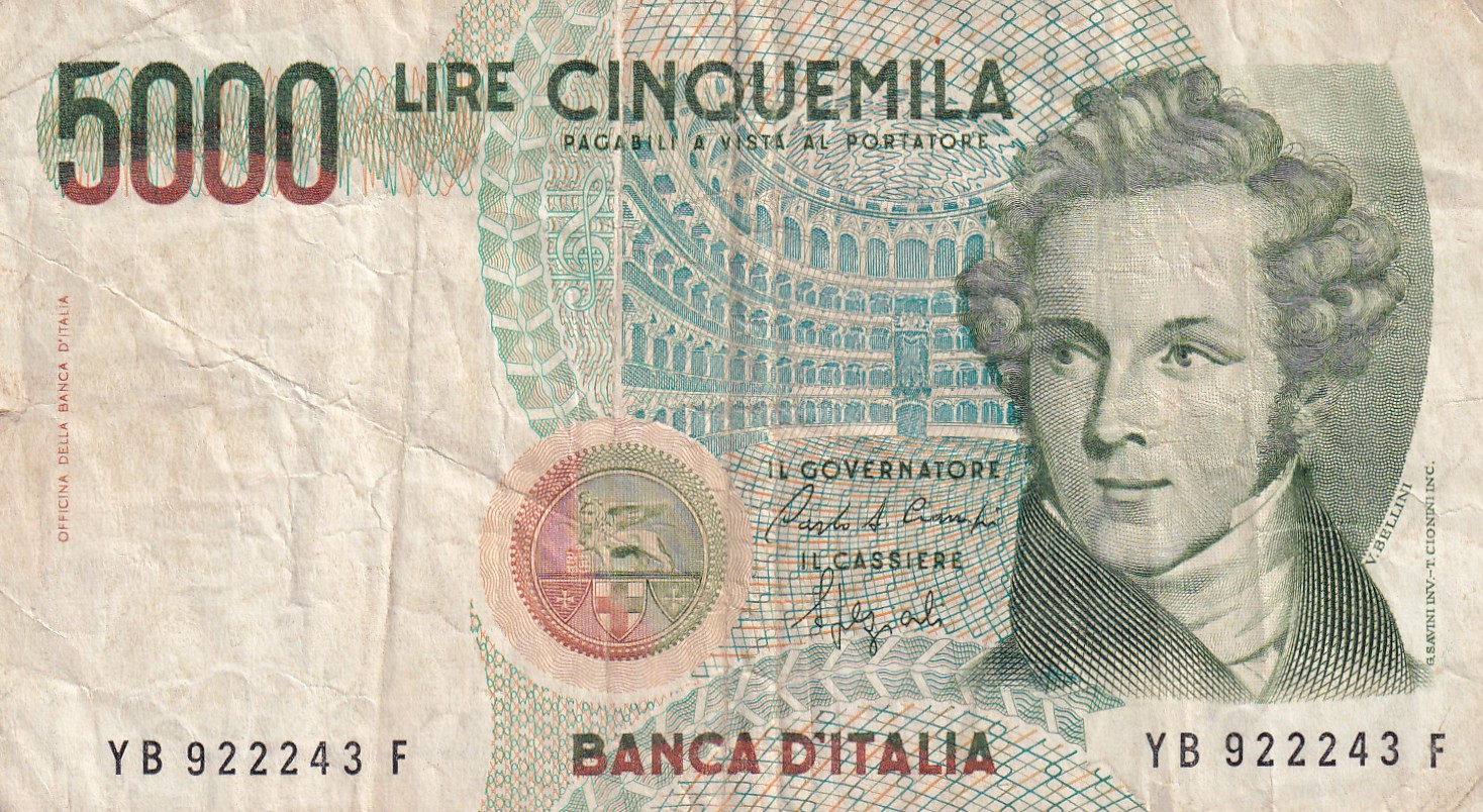 Italy 5000 Lire (Bellini) Rare World Note#B2