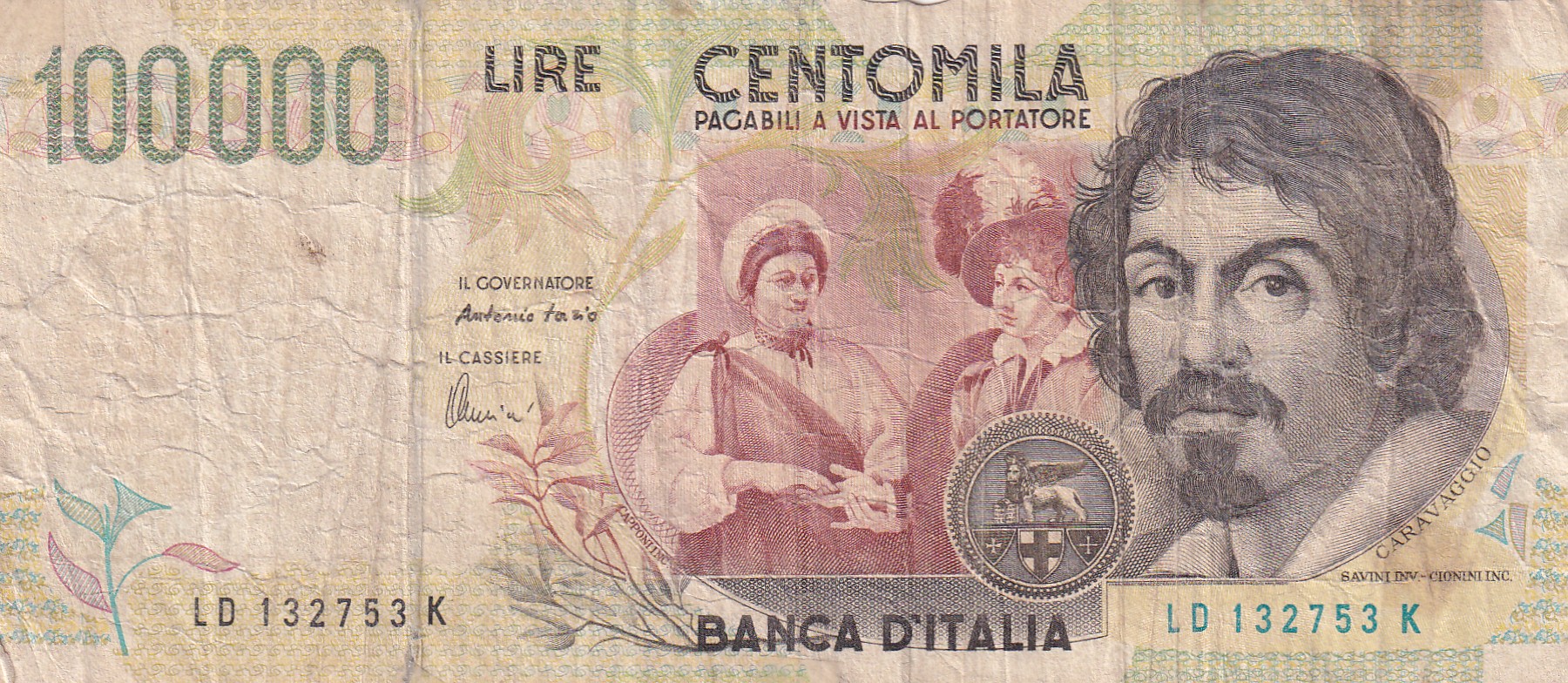 Italy 100 000 Lire (Caravaggio) Rare World Note#B2