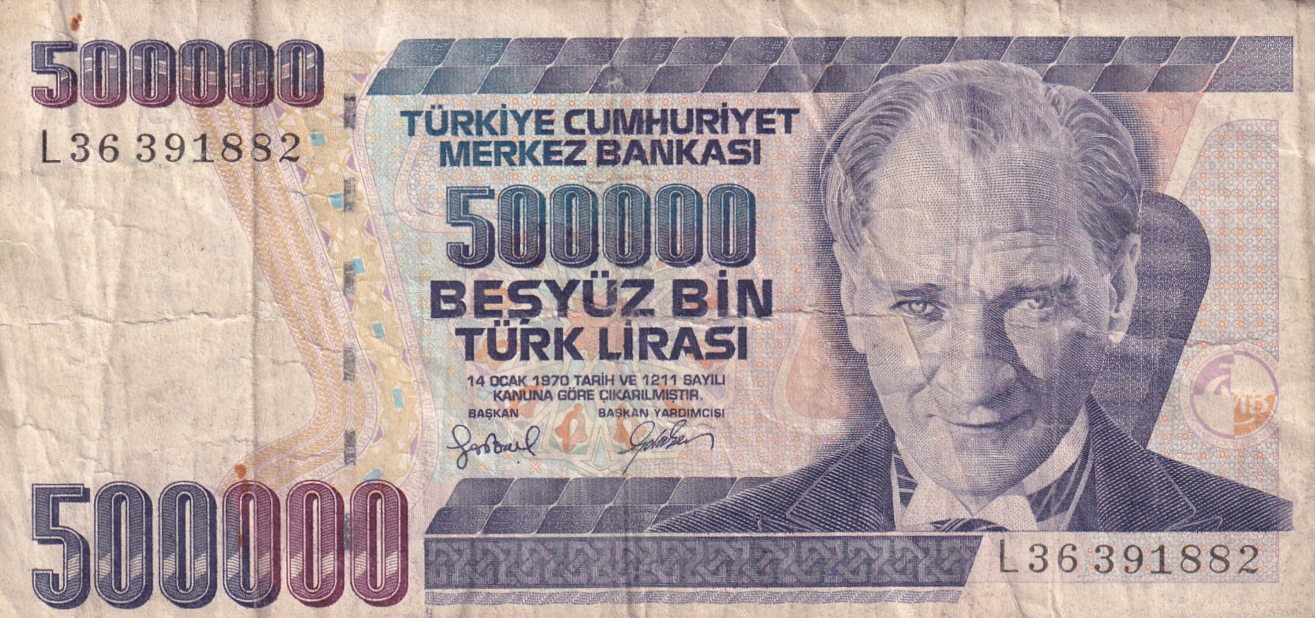 Turkey 500 000 Lira Rare World Note#B2