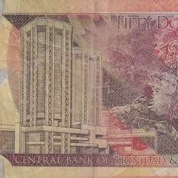 Alternative view of Trinidad and Tobago 50 Dollars Central Bank Golden Jubilee Rare Polymer World Note #B2