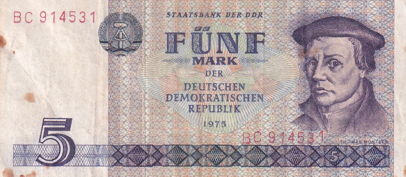 German Democratic Republic 5 Mark 1975 rare World Note #B2