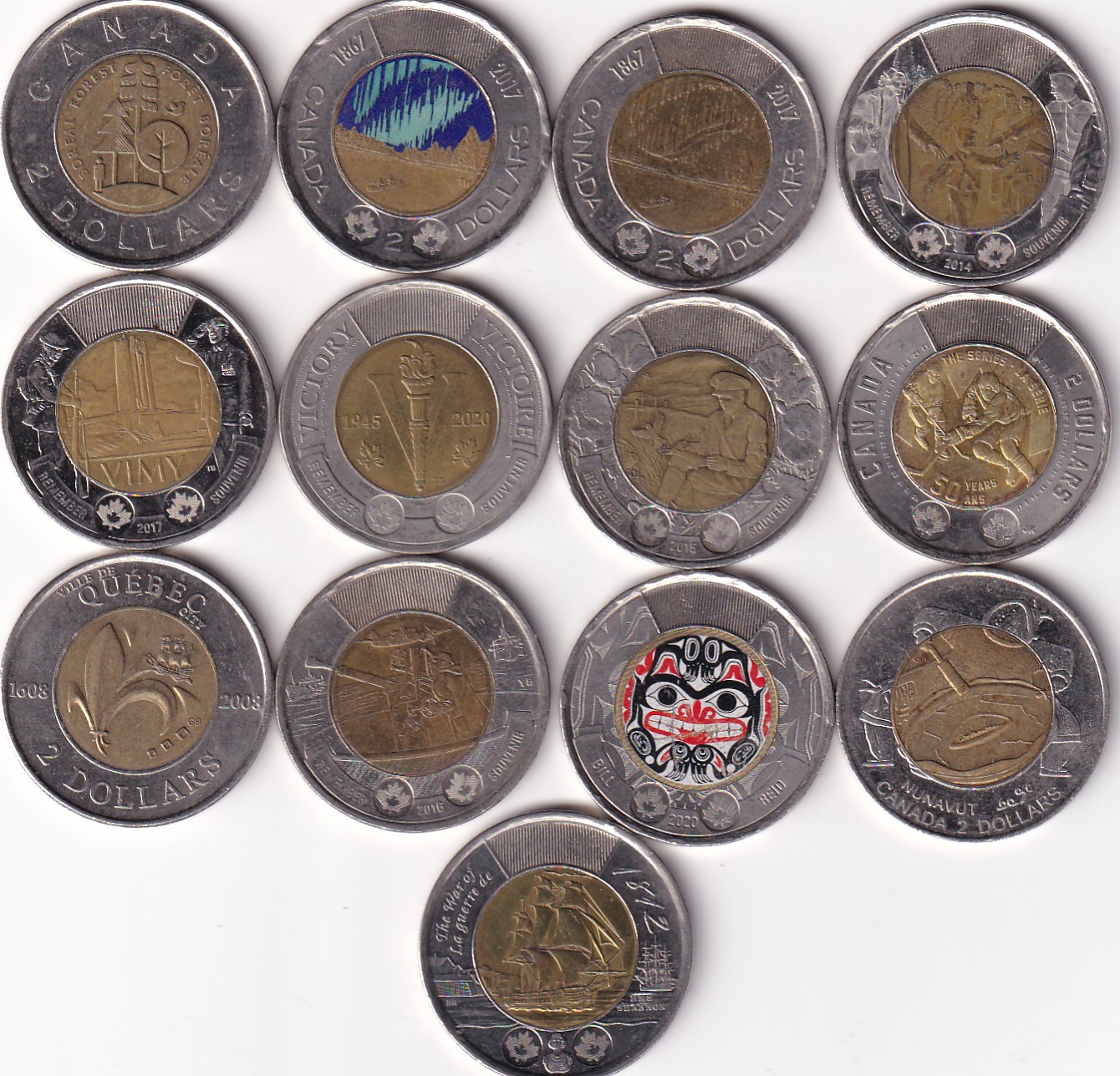 13 DIFFERENT CANADA 2 DOLLARS (13 PCS ) COMMEMORATIVE COIN SET #Z-96
