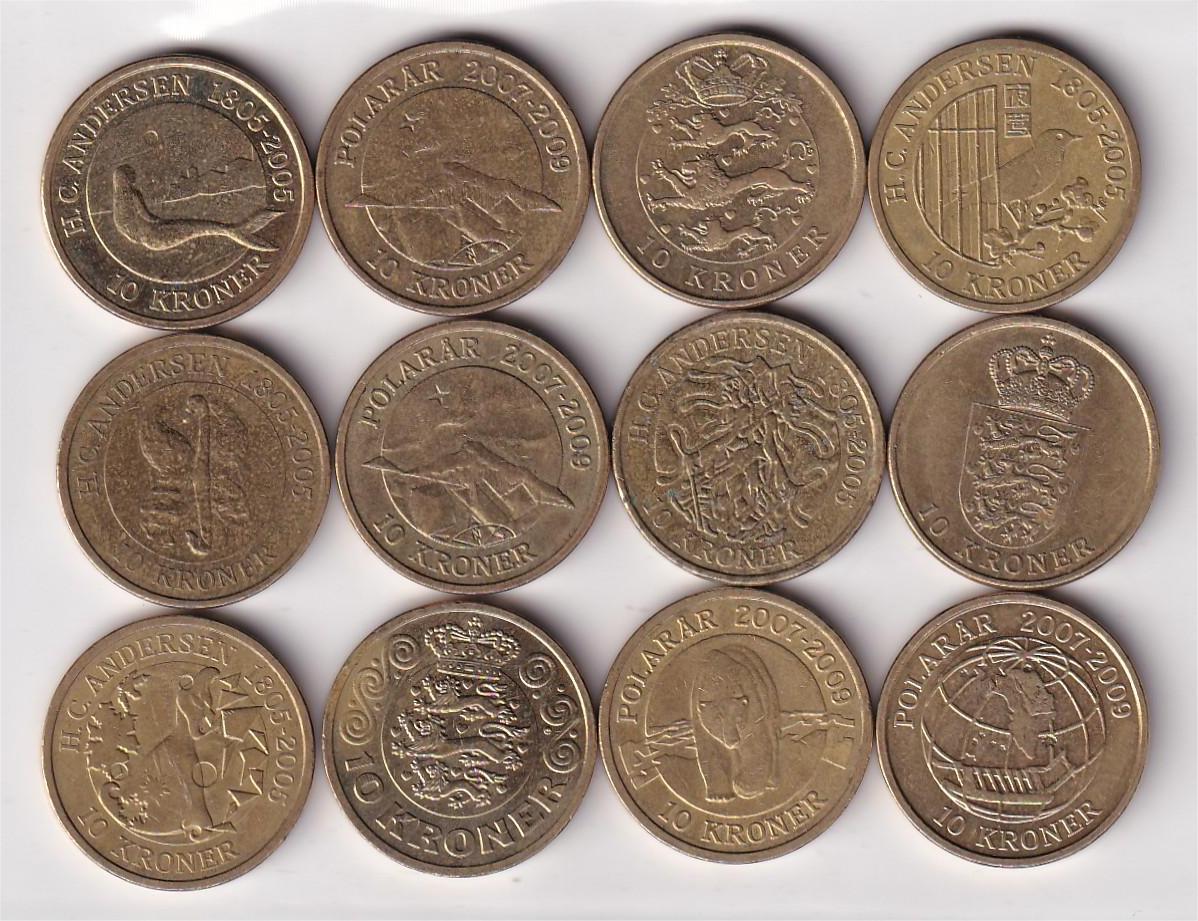 12 DIFFERENT DENMARK 10 KRONER (12 PCS ) COIN SET #Z-98