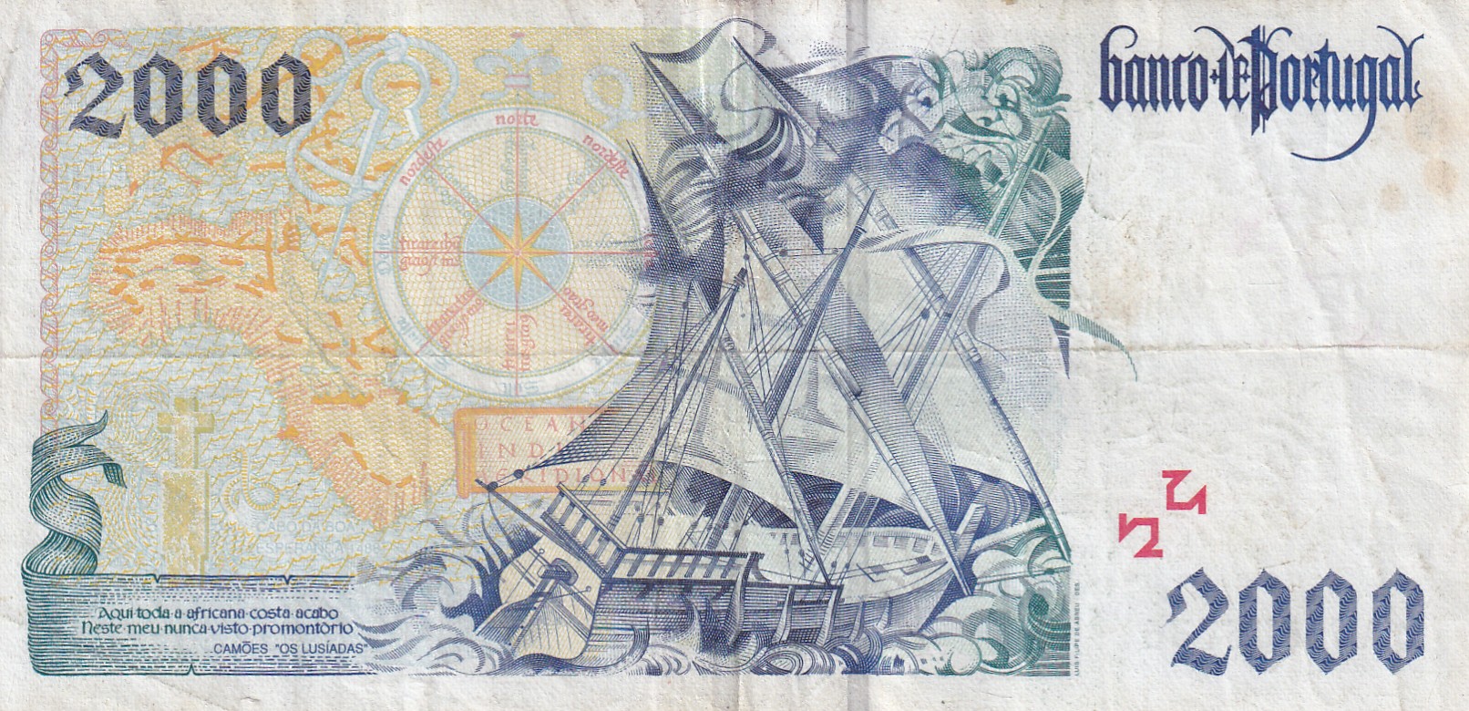 Portugal 2000 Escudos Rare World Note#B2 - Image 2