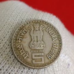 Alternative view of Five Rs Copper Nickel Rare Lokmanya Bal Gangadhar Tilak ki Coin Republic of India sku 02