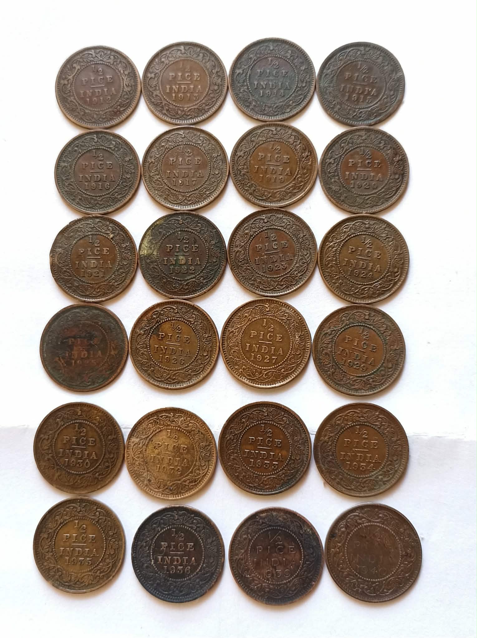 British India Set of 24 pieces of 24 different year King and emperor George v and George vi. Year 1919-13-14-15-16-17-19-20-21-22-23-24-25-26-27-29-30-32-33-3435-36-39-40 Same and similar date available