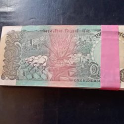 Alternative view of Reserve Bank of India Denominaton 100₹ bundle Governor I.G patel Middle 2 pieces missing 98 Note bundle Unc condition Same bundle available
