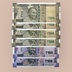 Rs 100 and 500 Ultra Unique Pair Set 6 Banknotes 1NE 111111 Gem UNC Unique and RARE