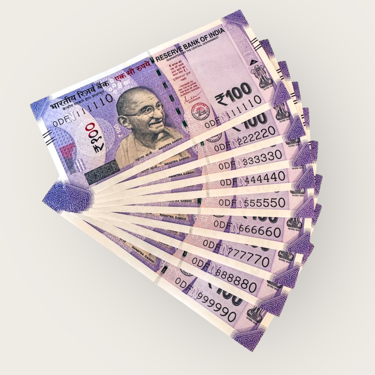 Rs 100 India Banknote Same Prefix 111110 to 999990 Gem Unc Unique and ...