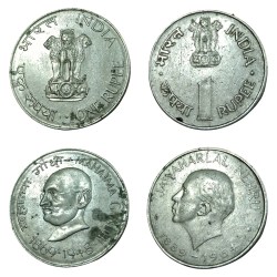 One Rupee Cu/Ni Big DABBU Issue COMMEMORATIVE Issue MAHATAMA GANDHI & JAWAHARLAL NEHRU Calcutta Mint Set 2 Coins are in Collectable Grades.