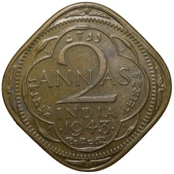 Alternative view of Nickel-Brass 2 Annas of George VI (AD 1943) of Bombay Mint Head Type II Beautiful Grade
