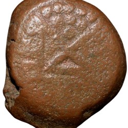 Copper Coin of Kongu Chera's (13th - 15th Cen. AD) with Bow, Tortise, Palm Tree/Two Swords Crossed on an Alter