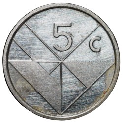 Alternative view of Stainless-Steel 5 Cents of Aruba Country (AD 1995) with Geometrical Design About UNC Grade