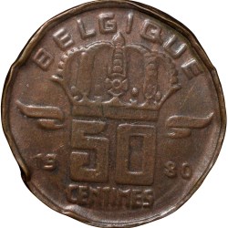 Alternative view of Bronze 50 Centimes of Belgium Country (AD 1980) with A Miner