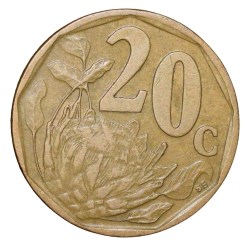 Alternative view of Aluminium-Brass 20 Cents of South Africa (AD 1996) with Protea flower within sprigs