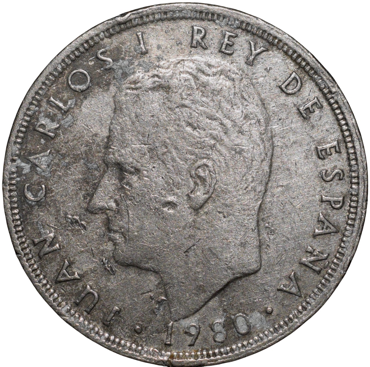 Copper-Nickel 5 Pesetas of Juan Carlos I (AD 1980) from Spain Country Foot Ball World Cup Issue