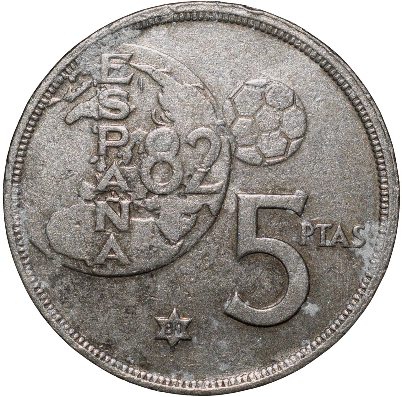 Copper-Nickel 5 Pesetas of Juan Carlos I (AD 1980) from Spain Country Foot Ball World Cup Issue - Image 2